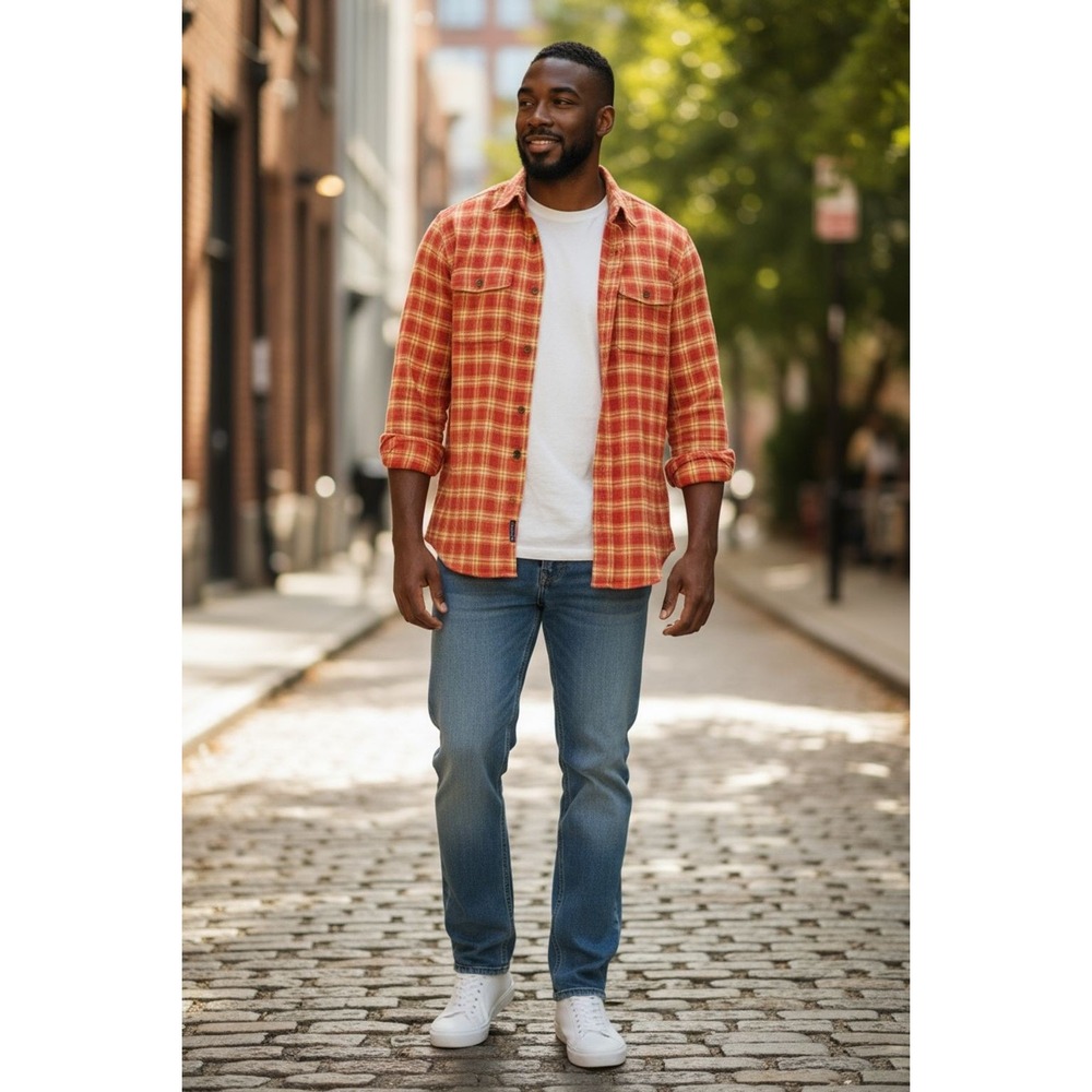 Lands' End Men's L Orange Plaid Long Sleeve Button-Down flannel Shirt cabincore
